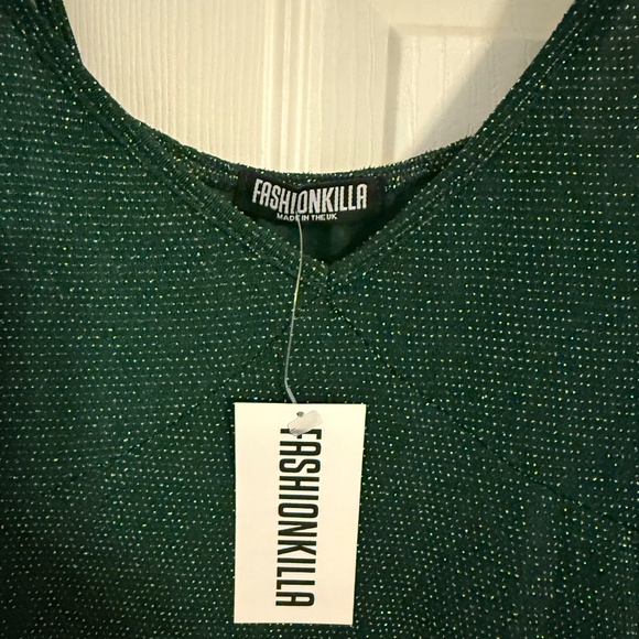 Emerald & Silver Sparkly stretch mini dress with thigh high slit (FashionKilla) - Picture 3 of 6